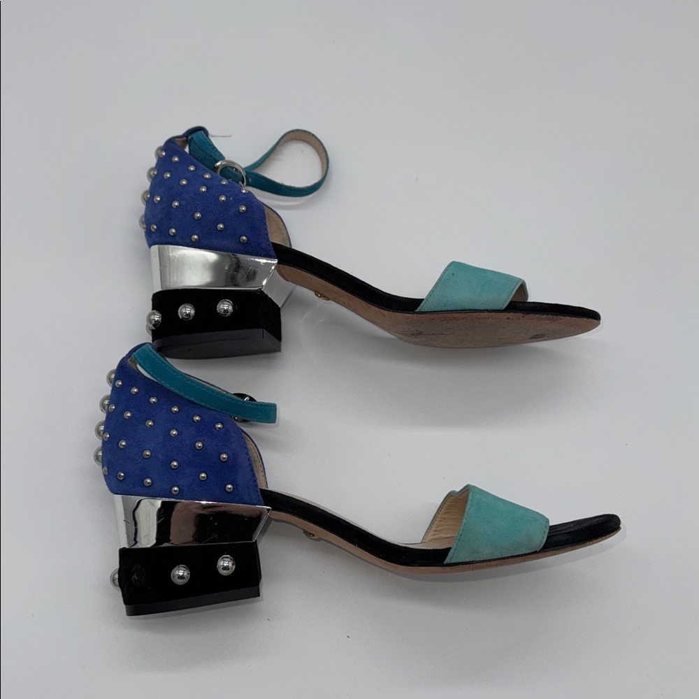 Studded Two-Tone Blue & Teal Block Heel Sandals